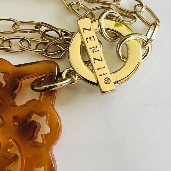 ZENZii Acrylic Scroll Pendant Gold Amber Tone Toggle Necklace Faux Tortoise 1357 - Picture 4 of 8